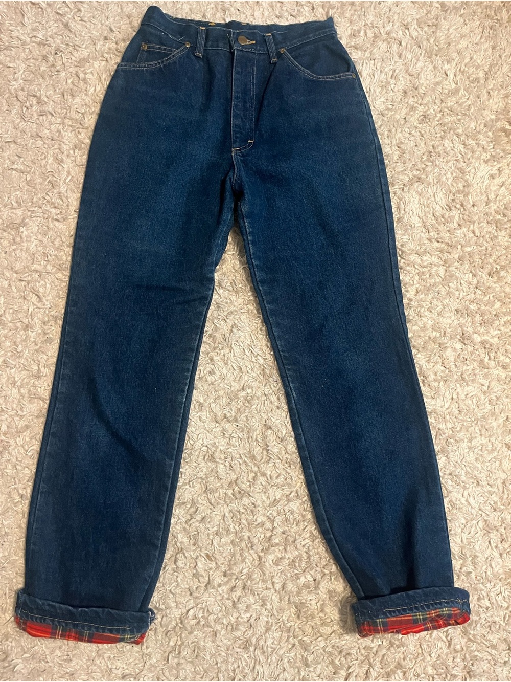 L.L. Bean High-Rise Dark Blue Jeans with Plaid Cuff